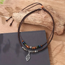 PU Leather Natural Boho Leaf Necklace Pendant, Wooden Beads, Ethnic, Long Chain