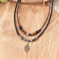 PU Leather Natural Boho Leaf Necklace Pendant, Wooden Beads, Ethnic, Long Chain