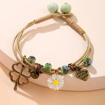 Lovely Layered Clover Heart & Daisy Pendant Weave Bracelet