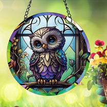 HD Owl Bird Round Sun Catcher Multi-Coloured Hanging Decor Indoor/Outdoor